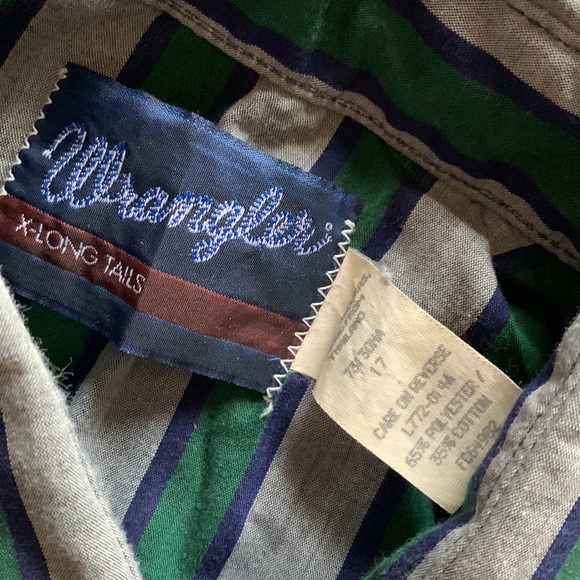 Vintage Wrangler Long Tail Mens Snap Button Western Grey Green Blue Stripe Shirt - Picture 9 of 13
